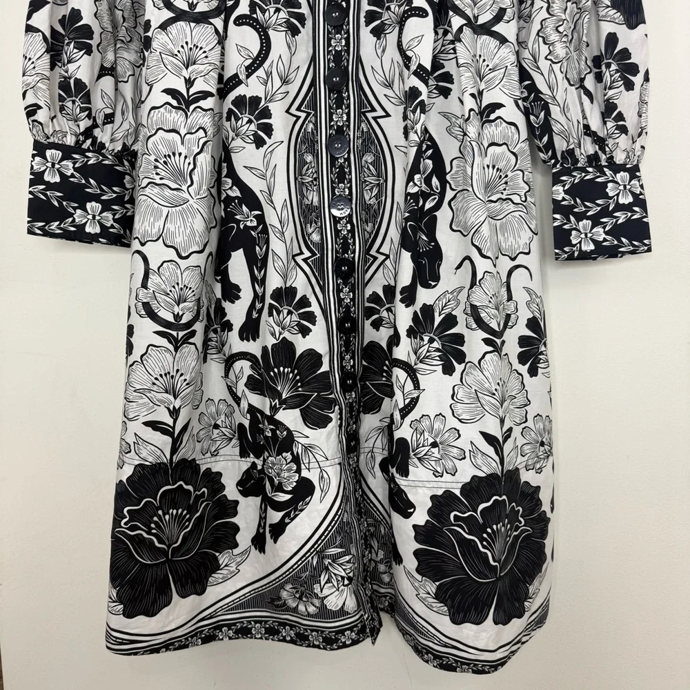 NWT FARM Rio Black and White Floral Midi Shirt Dress - Picture 6 of 15